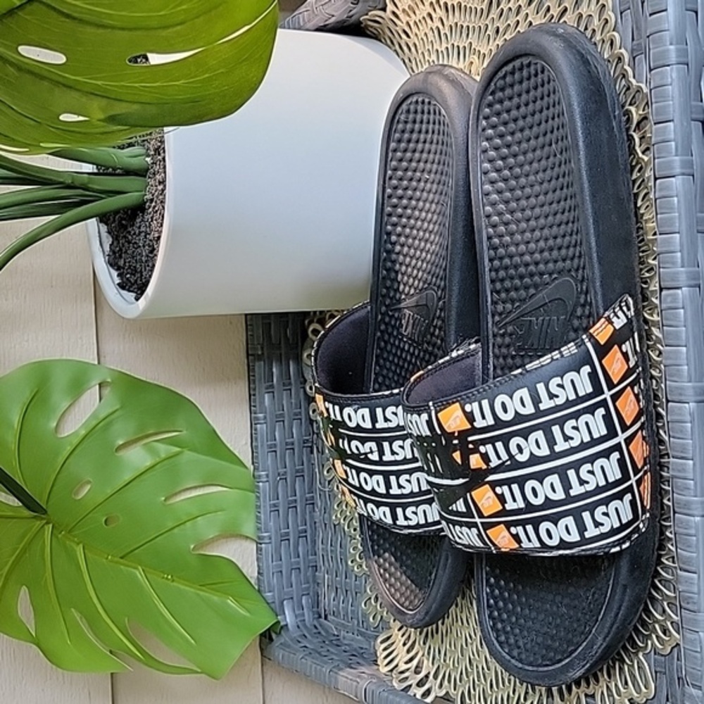 Nike Mens Benassi Just Do It Slide Flat Sandals Black White Orange Size 13